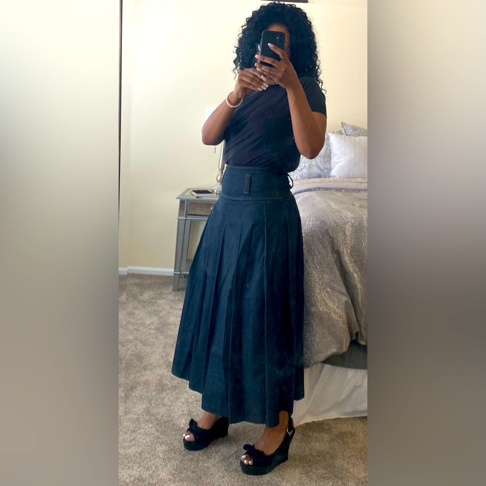 Drop Waist Full Box Pleat Denim Maxi Skirt, 27”